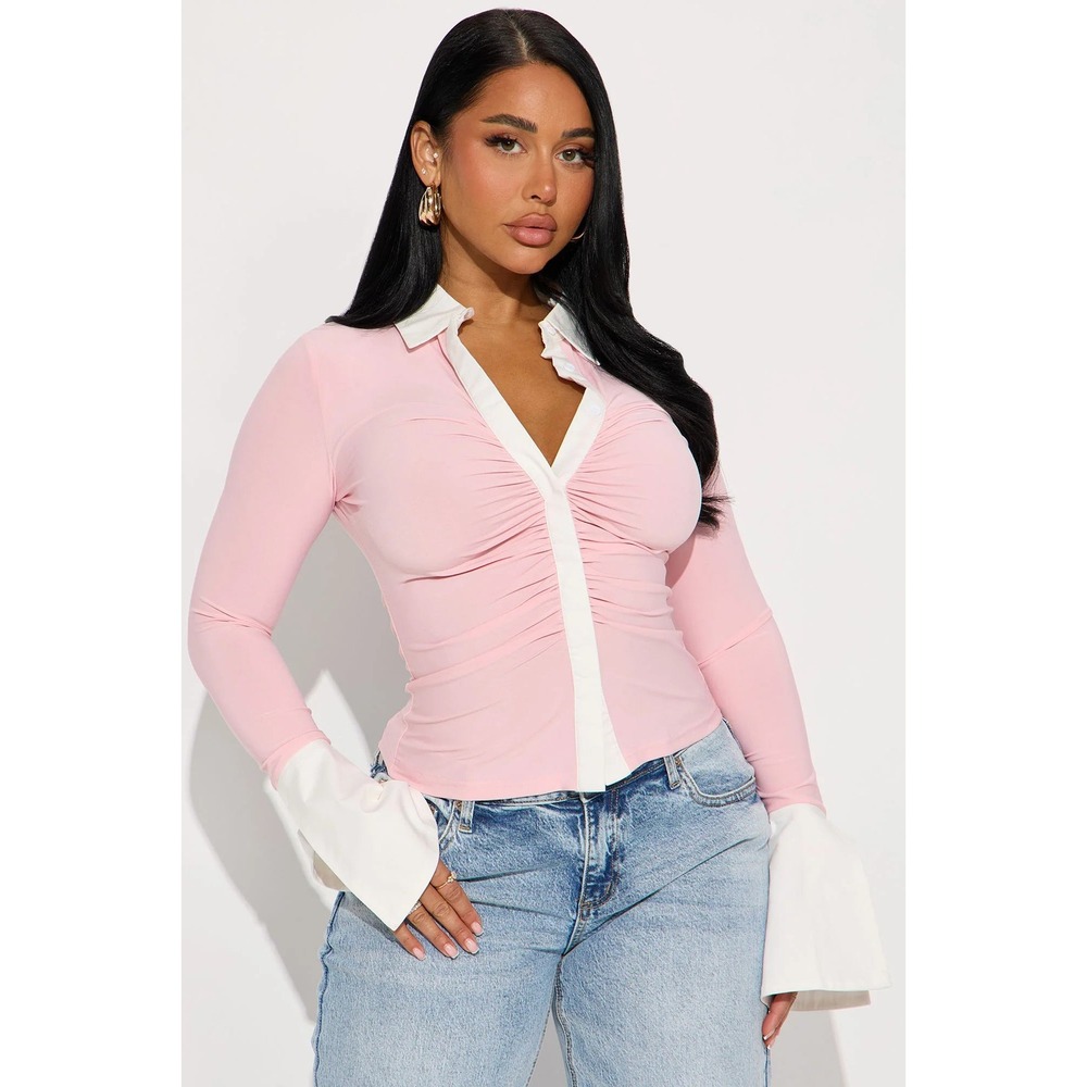 Fashion Nova Women Sue Long Sleeve Button Up Shirt Pink Ruched Flare Top Size S
